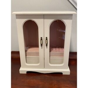 Vintage Jewelry Armoire Box Double Glass Doors, Drawer, Hooks, Pink Velvet Lined